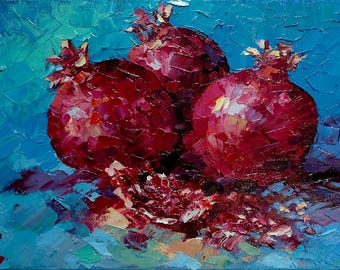 Pintura al óleo original con técnica de impasto de granadas, bodegón con espátula, 11,8 x 7,9 pulgadas.