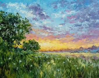 Paisaje al atardecer con técnica impasto, pintura al óleo original, cielo y prado con textura vibrante (60 x 40 cm).
