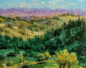 Pintura al óleo con técnica de impasto, paisaje de colinas verdes, arte con espátula