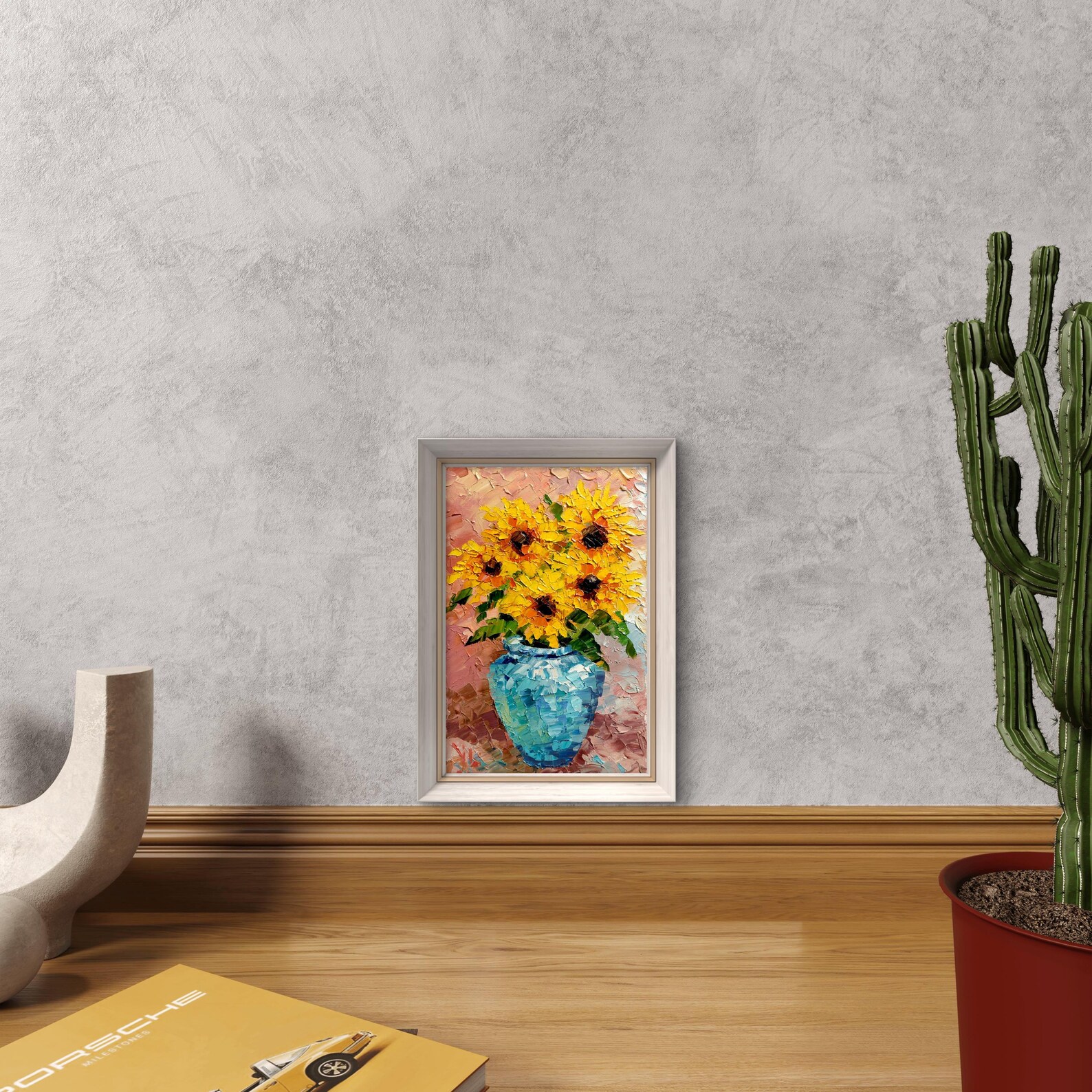 Sunflowers in Blue Vase Original Oil Painting, Textured Impasto Floral ...
