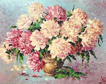 Pintura al óleo con técnica impasto, Peonías rosas en jarrón, Arte floral texturizado (23,6 x 17,7 pulgadas)