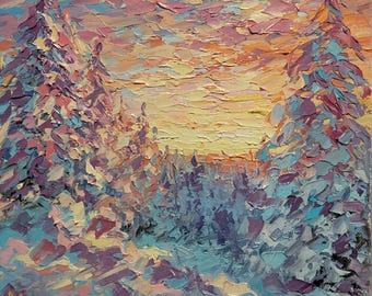 Pintura original de atardecer invernal con textura de empasto, paisaje nevado colorido, arte texturizado con espátula, 10x10