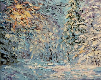 Pintura al óleo original de un bosque invernal, paisaje nevado con textura empastada, decoración navideña.