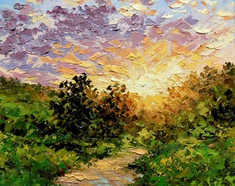 Pintura al óleo original de paisaje con técnica impasto al atardecer - Espátula, lienzo estirado, 10x10 pulgadas