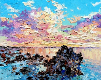 Pintura al óleo de paisaje marino, obra de arte original, puesta de sol sobre el océano con espátula, obra de arte texturizada de la costa.