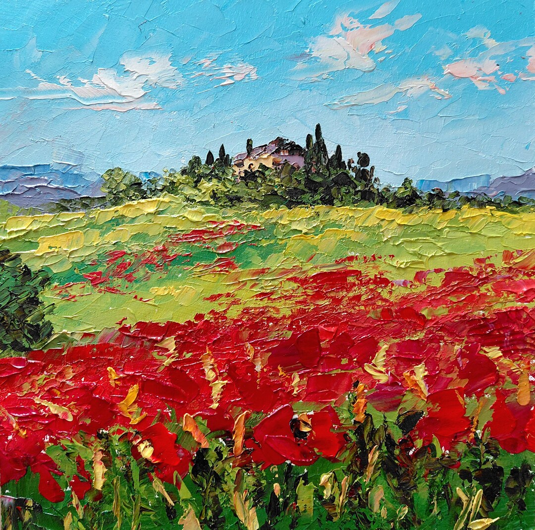 Original Impasto Oil Painting on Cardboard “poppy Field Landscape ...