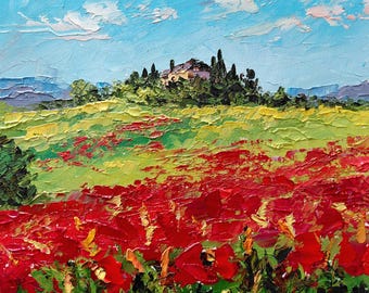 Pintura al óleo original sobre cartón, "Paisaje de campo de amapolas", hecha a mano con espátula.