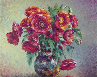 Amapolas escarlatas – Pintura al óleo original, ramo de amapolas rojas, arte floral texturizado