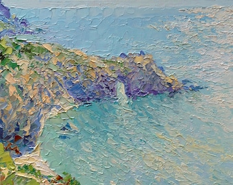 Pintura al óleo original en impasto «Acantilados costeros»: paisaje marino sobre cartón, paisaje oceánico texturizado.