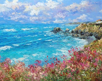 Pintura al óleo original del océano, paisaje marino con técnica de empaste, paisaje de la costa de California, flores junto al mar.