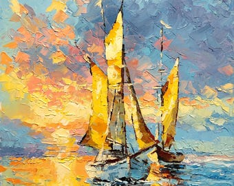 Paisaje marino con veleros, pintura al óleo original sobre lienzo, arte impresionista oceánico, decoración de pared moderna