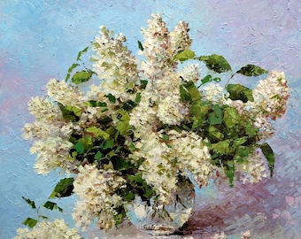 Original Impasto Oil Painting, White Lilac, Floral Bouquet, Contemporary Textured Artwork 19.7x19.7 inches