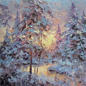 Snölandskap, Impasto oljemålning, julklapp, 25x25 cm