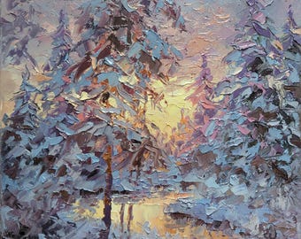 Paisaje nevado, pintura al óleo con técnica impasto, regalo de Navidad, 25x25 cm