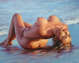 Pintura al óleo original de desnudo – Escena erótica en la playa, arte figurativo sensual, 28 x 20 pulgadas