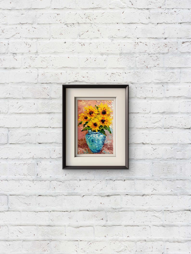 Sunflowers in Blue Vase Original Oil Painting, Textured Impasto Floral ...