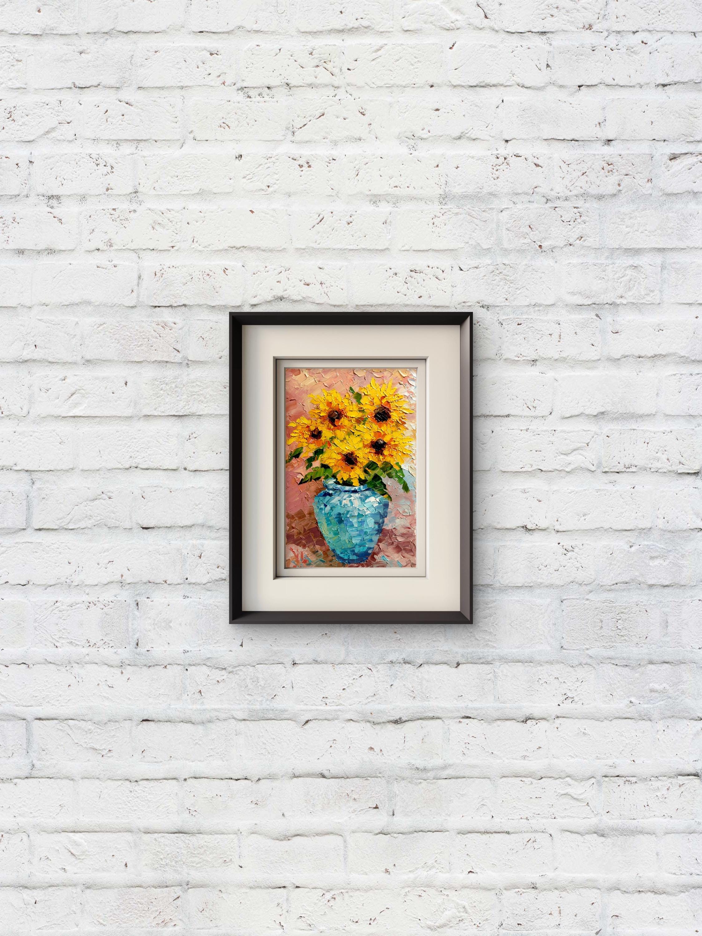 Sunflowers in Blue Vase Original Oil Painting, Textured Impasto Floral ...