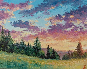 Atardecer sobre los pinos: pintura al óleo original de paisaje, arte con espátula