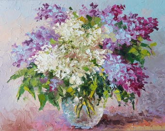 Lilac Bouquet Oil Painting: Floral Impasto Art (16 x 12 in.)