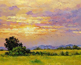 Pintura al óleo de paisaje al atardecer, arte impresionista original de campo, prado dorado, obra de arte hecha a mano.