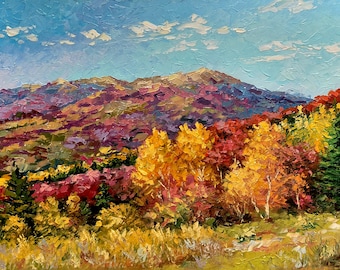 Pintura al óleo de paisaje otoñal, "Otoño dorado", tamaño 24 x 16 pulgadas