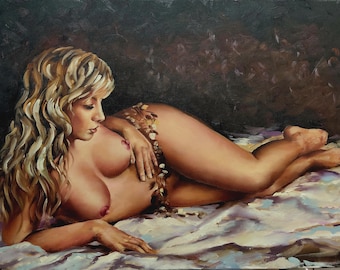 Reclining Nude Woman Oil Painting – Sensual Female Nude Art, Erotic Figurative