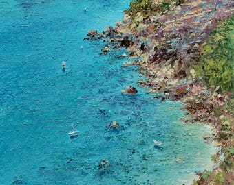 Pintura al óleo original de paisaje marino – Costa mediterránea, Mar Azul, Impresionismo, 17,7 x 23,6