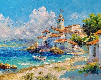Pintura al óleo original de paisaje marino mediterráneo - Arte mural de pueblo costero - Paisaje europeo con técnica de empaste