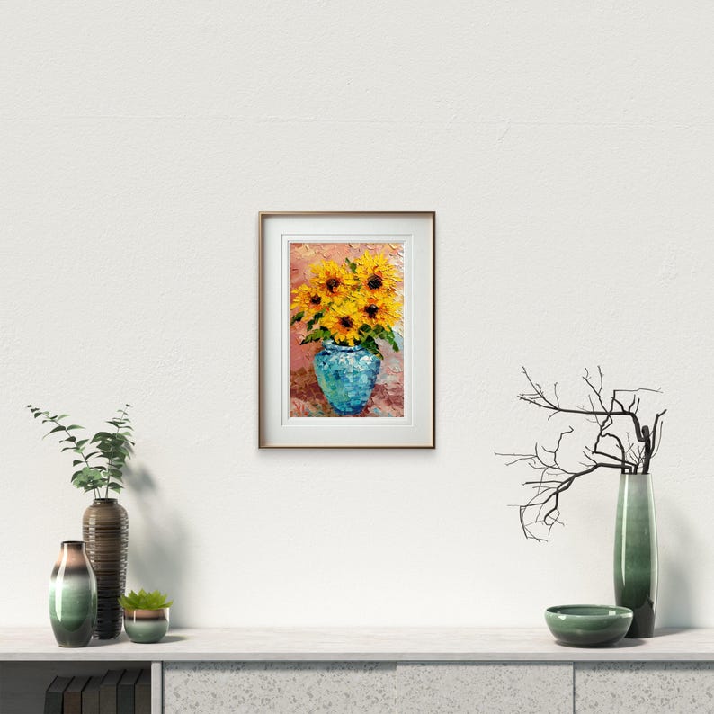 Sunflowers in Blue Vase Original Oil Painting, Textured Impasto Floral ...