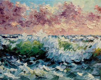 Pintura de paisaje marino con impasto • Arte mural oceánico texturizado • Ondas abstractas con espátula