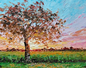 Paisaje al óleo original: Árbol al atardecer, cuadro impresionista, arte con espátula
