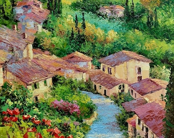 Pintura al óleo texturizada – Pueblo italiano, luminoso paisaje italiano sobre lienzo 15,7 x 23,6 pulgadas