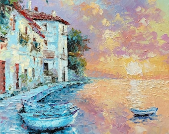 Pintura al óleo original de un paisaje marino italiano: Amanecer mediterráneo empastado, rayos de sol