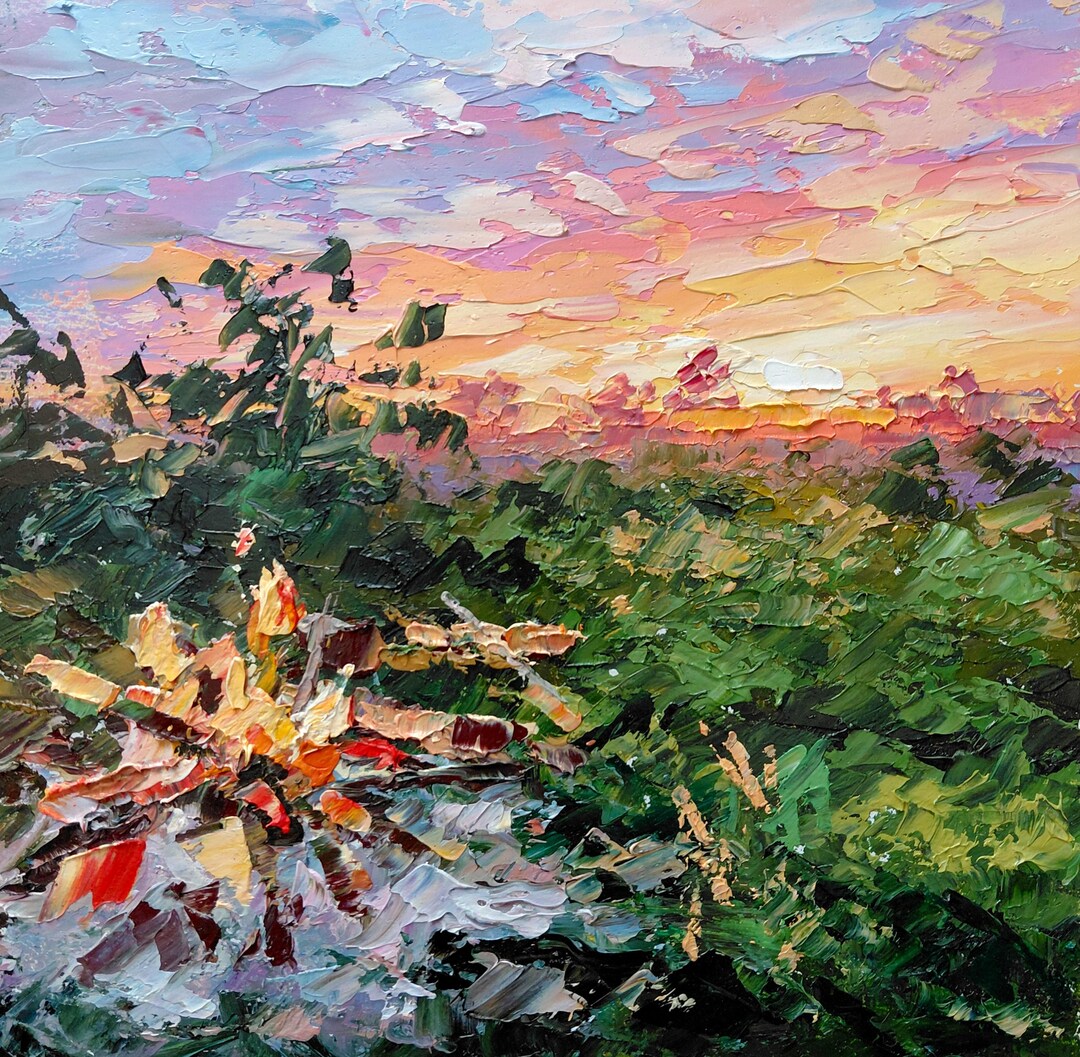 Original Sunset Landscape Oil Painting - Impasto Forest Sky Art ...