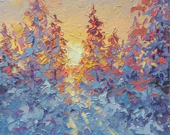 Pintura al óleo original en impasto "Luz dorada del sol" - Paisaje invernal, imagen en impasto 8x8 inc