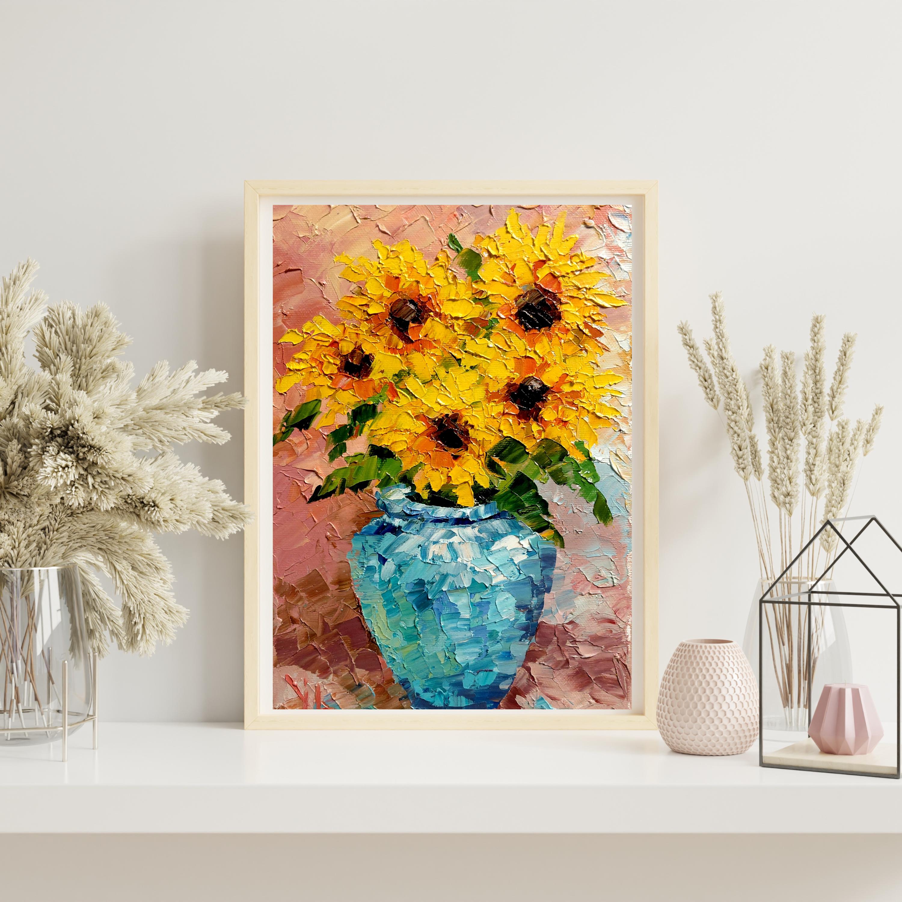 Sunflowers in Blue Vase Original Oil Painting, Textured Impasto Floral ...