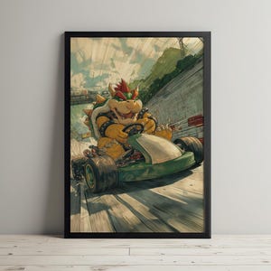 May include: Framed art print featuring Bowser from the Mario video game series, driving a green go-kart. The artwork has a vintage, comic book style with a racing track background. Bowser is depicted in his classic yellow and green colors.