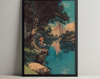Mario Fishing Digital Print – Princess Peach Castle Background - Super Mario Wall Art - Gamer Home Decor - Instant Download - Gifts for Him
