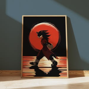 Può includere: Stampa artistica incorniciata raffigurante un personaggio stilizzato che cammina. Il personaggio è nero con accenti rossi, su uno sfondo nero con un grande cerchio rosso che ricorda un sole. L'opera d'arte ha uno stile minimalista con un riflesso.