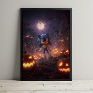May include: A framed Halloween-themed print featuring Sonic the Hedgehog standing in a spooky forest. The artwork includes glowing jack-o'-lanterns, a full moon, and bats. The overall color palette is dark with orange and blue accents.