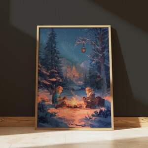Puede incluir: Una impresión artística enmarcada representa a dos figuras sentadas junto a una fogata en un bosque nevado. La obra presenta un castillo a lo lejos, una linterna colgada de un árbol y una paleta de colores cálidos con azules, naranjas y marrones.