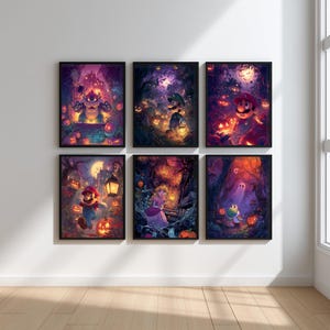 May include: Six framed Halloween-themed art prints featuring characters from a popular video game franchise. Each print showcases a different character in a spooky, nighttime setting with pumpkins and eerie lighting. The color palette includes purples, oranges, and greens.