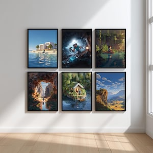 Pode incluir: Seis impressões artísticas emolduradas com tema Minecraft. As impressões retratam várias cenas, incluindo uma casa à beira-mar, um personagem numa caverna, um barco num lago, uma pessoa num cânion, uma casa numa ilha e uma paisagem.
