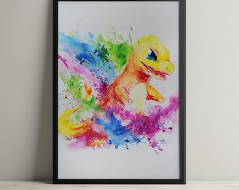 Charmander....I choose you! Messy Watercolour Style - Printable Wall Art - Digital Print - Download - Home Decor - Party Decor