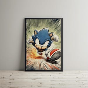 May include: Framed artwork featuring Sonic the Hedgehog in a dynamic running pose. The blue hedgehog is depicted with a determined expression, his red and white shoe in motion. The background has a burst of yellow and orange lines.
