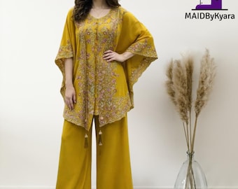 Yellow Embroidery Shrug Kurta Plazzo Set | Wedding Wear |  Pakistani Party Wear