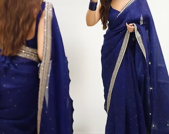 Sari en organza de soie | Travail avec fils et paillettes, tenues de fête