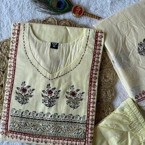 Light Yellow Cotton Kurti Set with Mirror Work & Hand Block Print Dupatta image 4