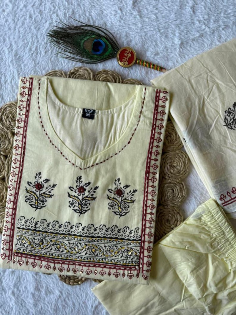 Light Yellow Cotton Kurti Set with Mirror Work & Hand Block Print Dupatta image 4