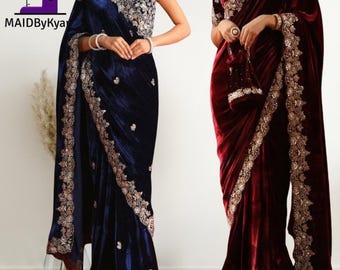 Velvet Saree | Designer Sequence Embroidery Indian Wedding Sari